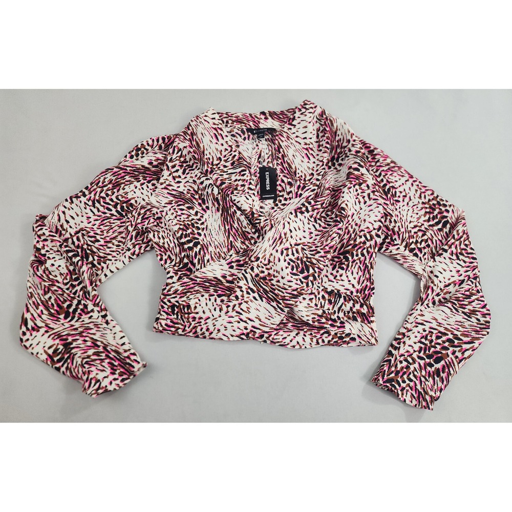 Express Blouse Womens XS Pink White Abstract Zip Back Balloon Sleeve 31267137